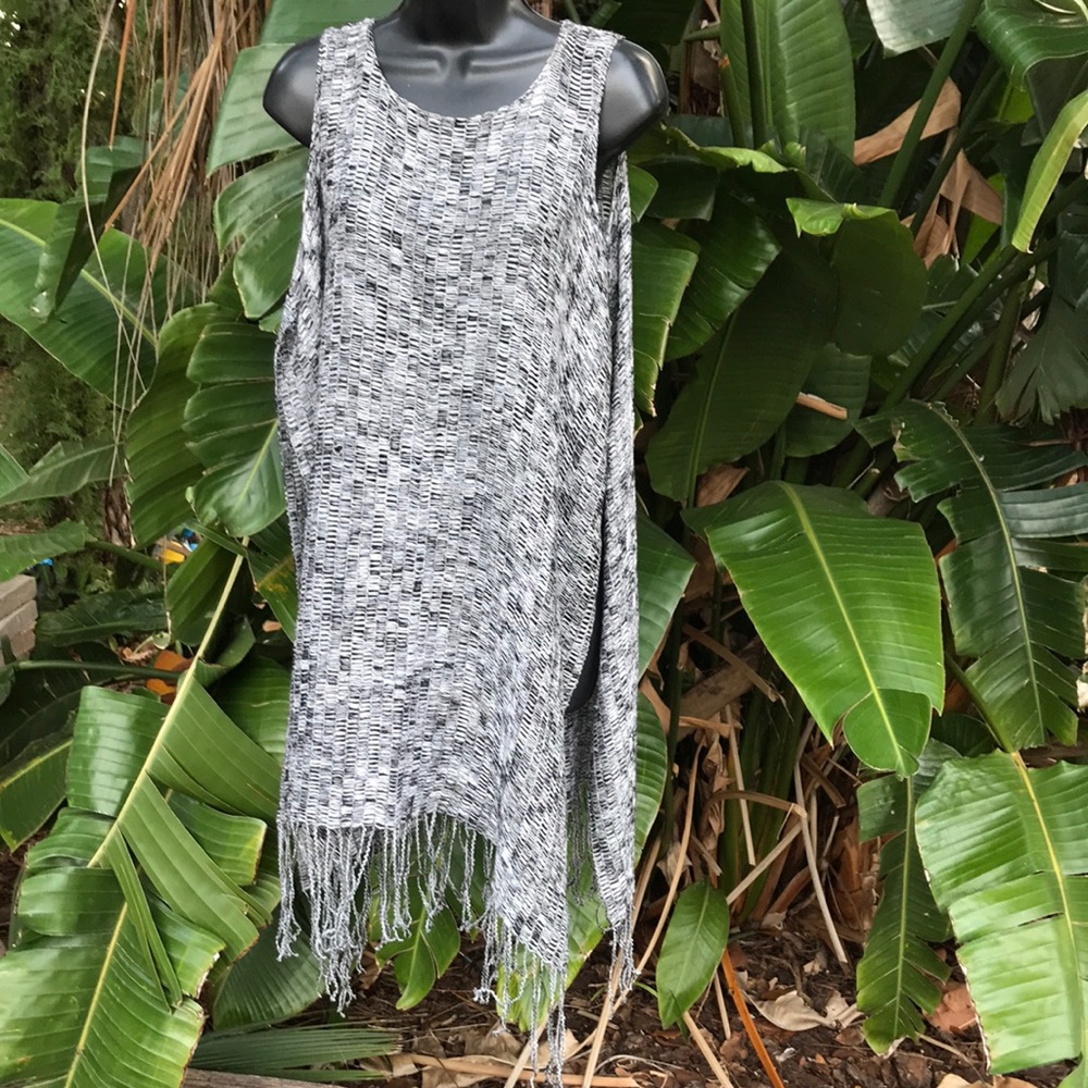 BCBG loose weave fringe tunic or off the shoulder top